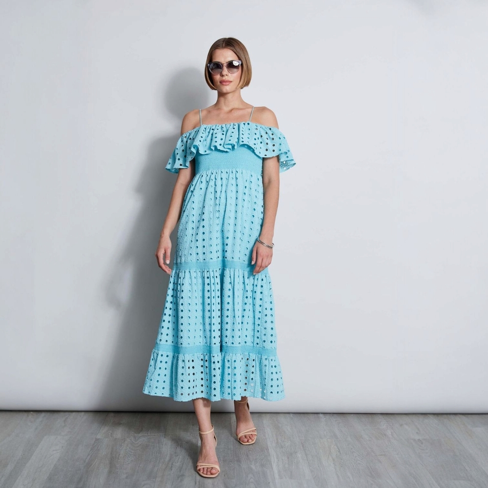 T Tahari Women's Eyelet Midi Dress – Blue Haze, Size M | Elegant Cotton Summer - Picture 2 of 7